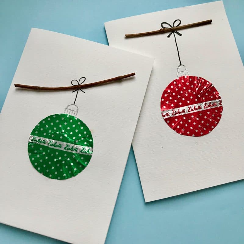 DIY Glückwunschkarten: Bastelideen für Last-Minute Grußkarten zum Selbermachen 7 Weihnachtskarte, Christbaumkugeln, Upcycling