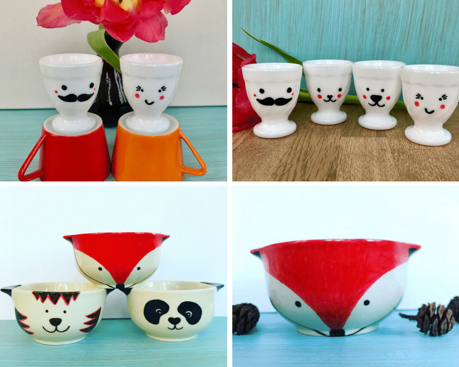 Altes Geschirr bemalen: einfache und süße Upcyclingidee 4 Geschirr bemalen, Pandabär, Fuchs, Tiger, lustige Gesichter