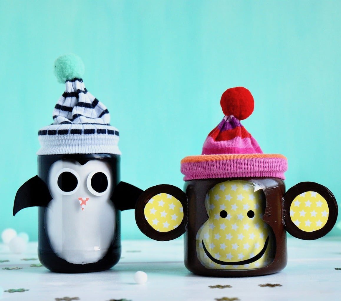 DIY Geschenk im Glas, Pinguin, Affe, Upcycling