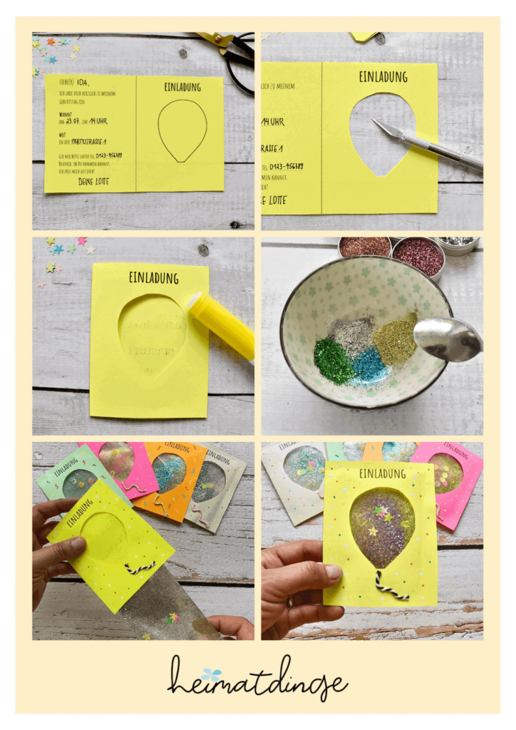 Einfache Einladung für den Kindergeburtstag basteln 7 einladung-kindergeburtstag-mit-glitzer-basteln-vorlage-heimatdinge