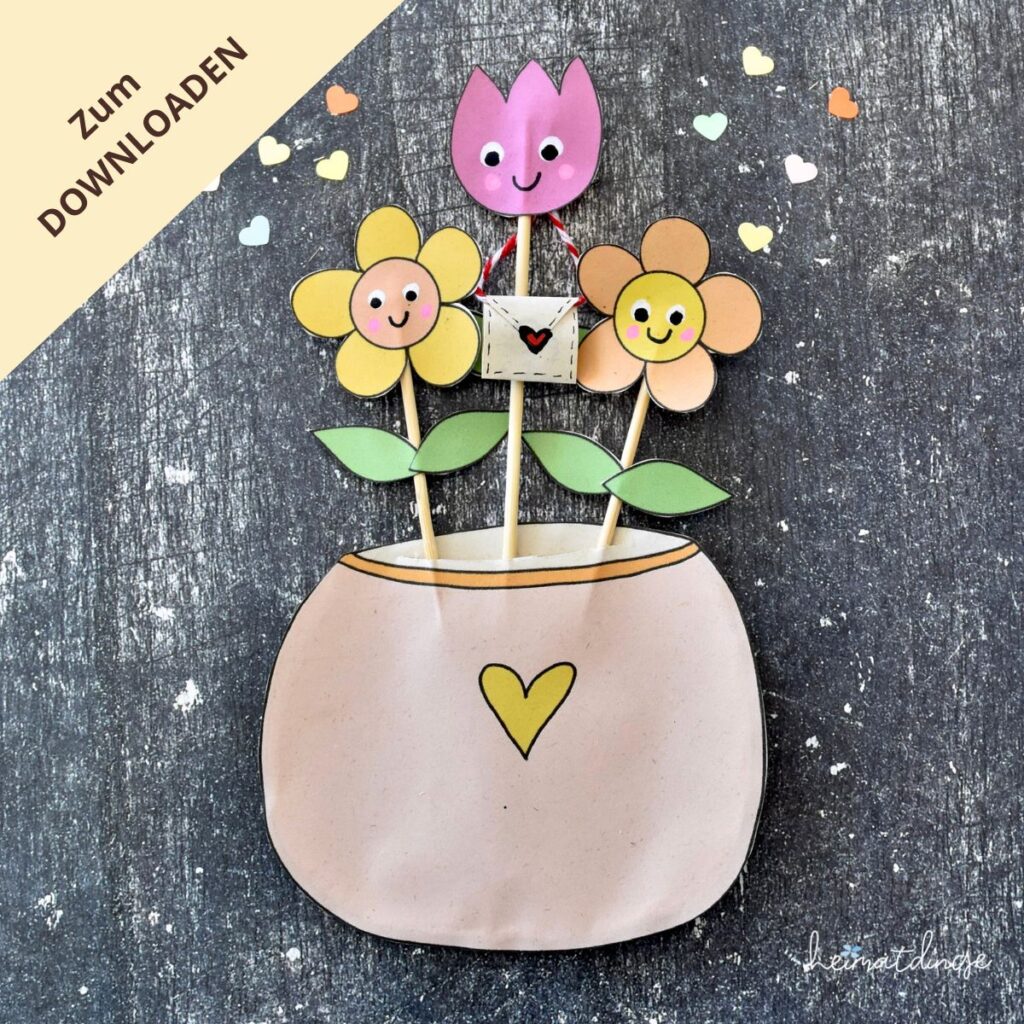 DIY Muttertagskarte mit Blumen zum Ausdrucken und Basteln mit Kindern